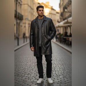 Andrew Marc Black Leather Trench Coat